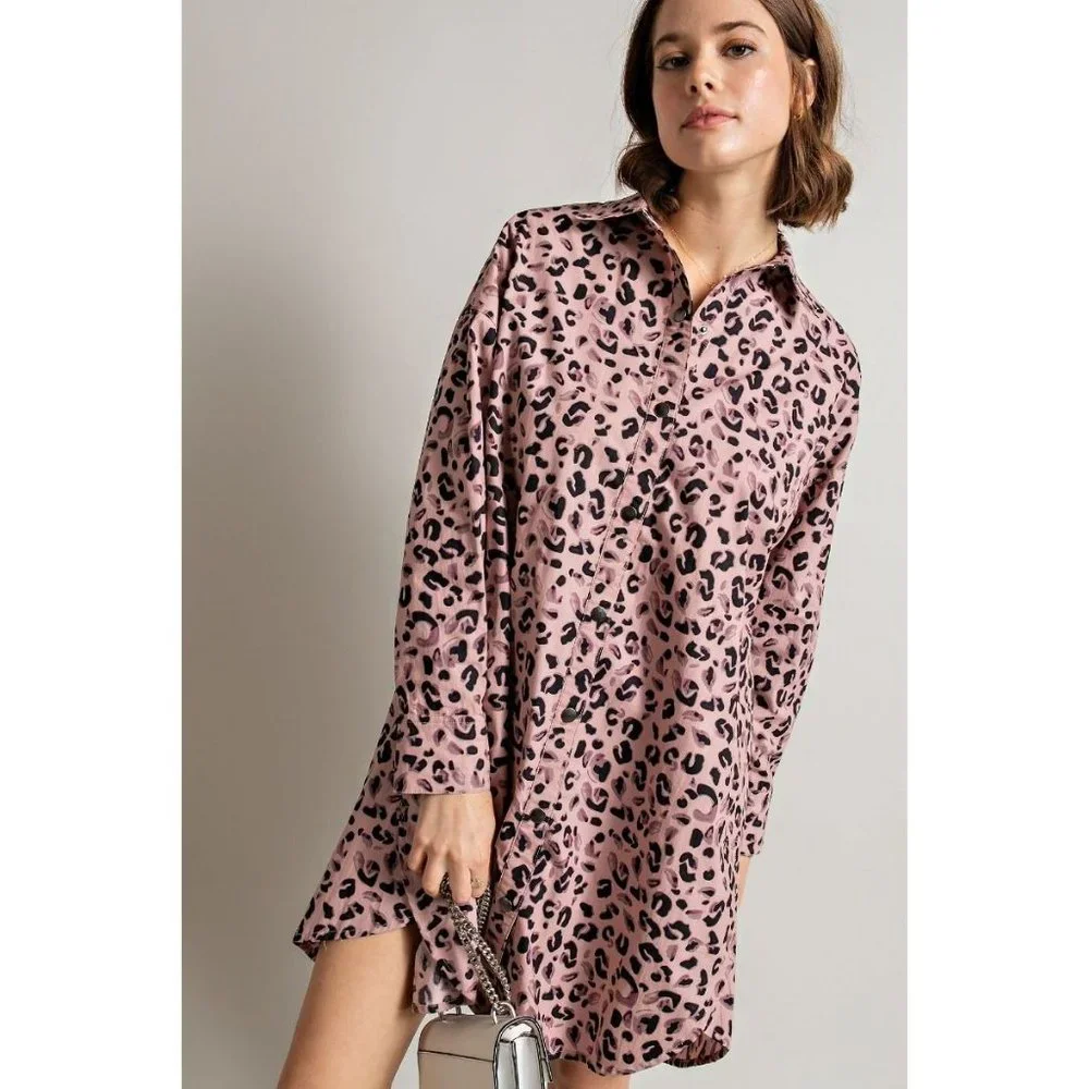 Easel Mauve Leopard Animal Printed Collared Neck Shirt Button Down Front Dress - Picture 2 of 5